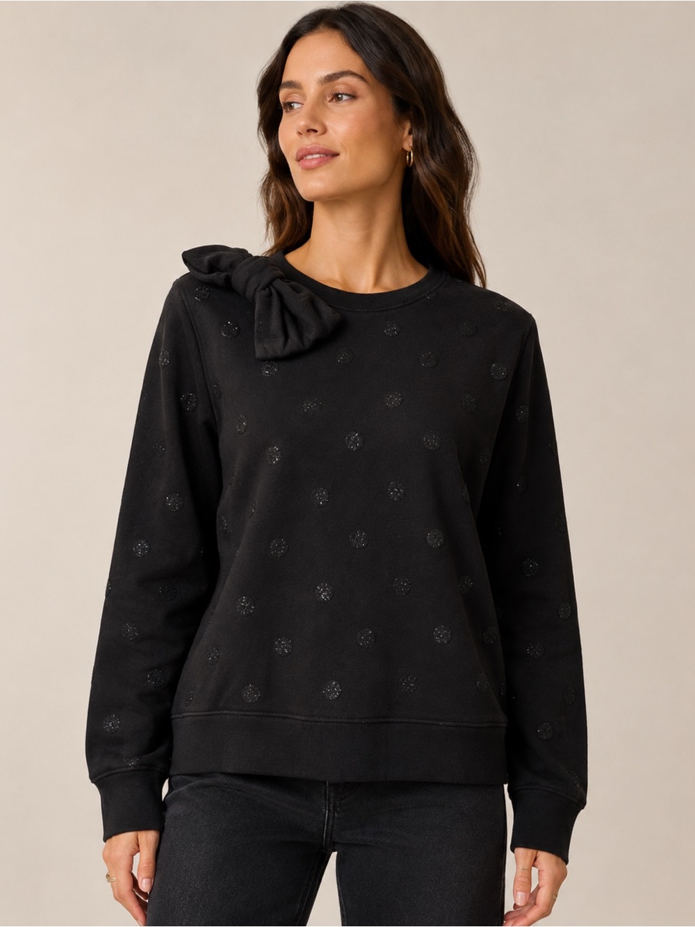 Kate Spade Glitter Dot Bow Sweatshirt Pullover | Black Cotton XL